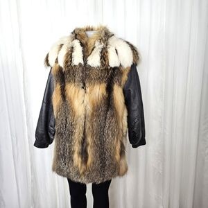 Vintage Real Fur Leather Coat Gorgeous Golden Fox Dolman Drop Sleeve Glam Boho